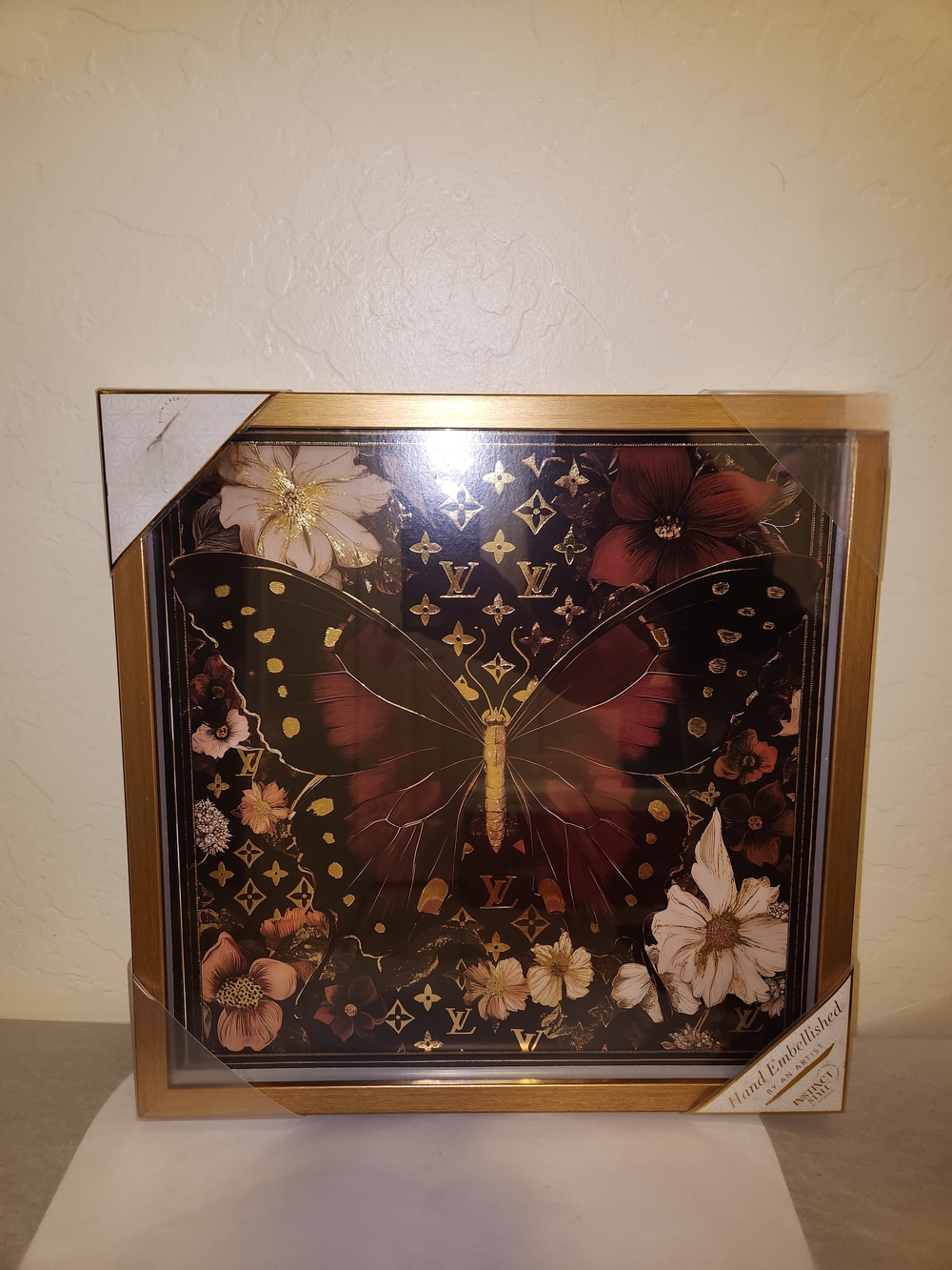 Lux Logo Gold Framed Butterfly Wall Art  Floral Accents Acrylic Glass Wall Decor